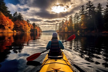 Kayaking on the lake in the autumn forest. Beautiful fall landscape. Generative Ai - obrazy, fototapety, plakaty