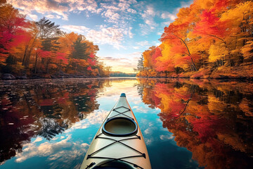 Kayak on the lake in autumn forest. Colorful fall landscape. Generative Ai