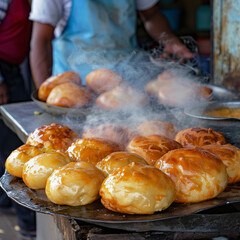 Freshly baked croissants, golden brown and glistening, reveal delicate, flaky layers inside, exuding a fragrant aroma of warm butter, tempting anyone nearby with their irresistible allure.