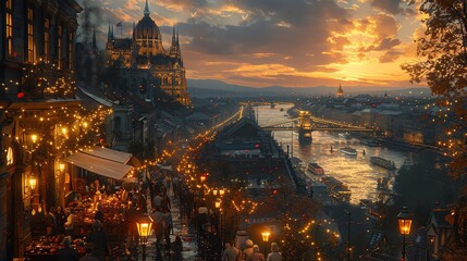 A Hungarian goulash, magically suspended in the air, with a historic Budapest street scene backdrop - obrazy, fototapety, plakaty