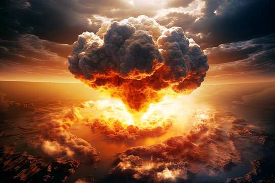 Nuclear explosion with smoke and cloud. Generative Ai