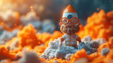 3D cartoon startup founder with rocket symbolizing growth, vibrant orange background - obrazy, fototapety, plakaty