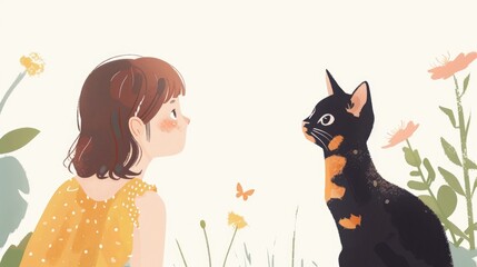 A girl interacts with a cat against a white backdrop