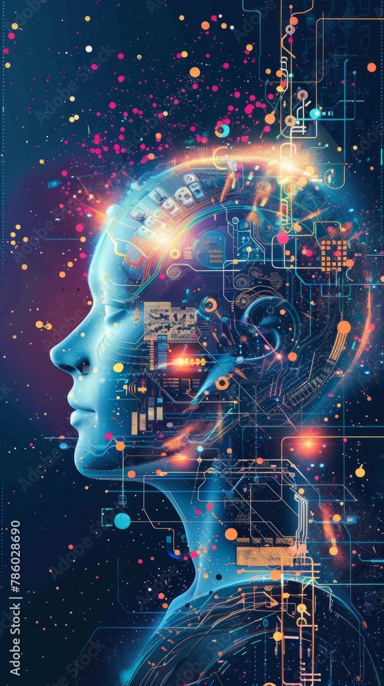 Poster high-resolution illustration of a ai. digital brain and neural links inside the robot head