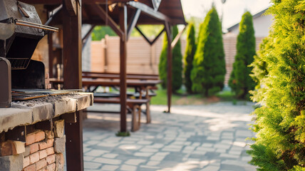 Landscaped patio with barbecue, beautiful backyard on a sunny day