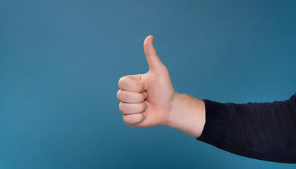 Thumb up hand gesture on blue background. Approval, success and agree communication gesture. - obrazy, fototapety, plakaty