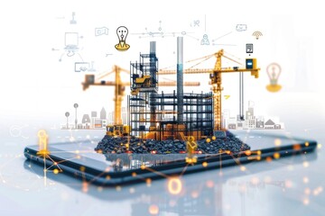 Fototapeta premium A crane standing atop a tablet, showcasing the juxtaposition between modern technology and traditional machinery. The tablet is blank, contrasting with the industrial presence of the crane