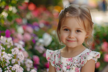 Generative AI Image of Beautiful Russian Little Girl Smiling in Colorful Flower Park - obrazy, fototapety, plakaty