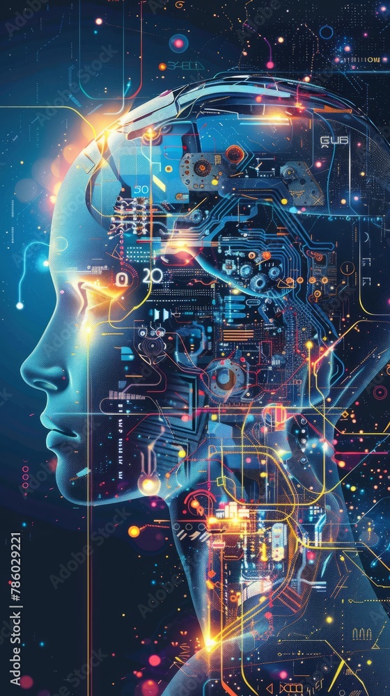 Poster high-resolution illustration of a ai. digital brain and neural links inside the robot head