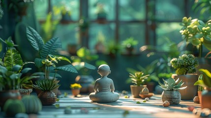 Cartoon 3D individual meditating with indoor plants around, peaceful green background