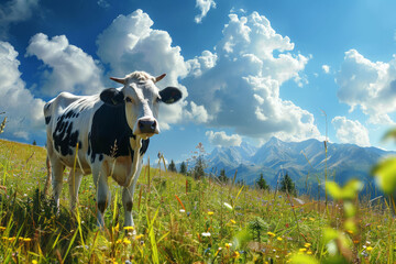 Portrait of a beautiful black and white cow on a sunny fresh meadow. AI generative