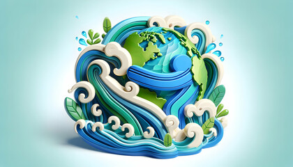Ocean Embrace: 3D Icon of Blending Blues and Greens in Watercolor, Earth Day Theme on Isolated White Background
