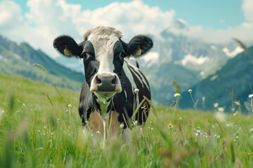 Portrait of a beautiful black and white cow on a sunny fresh meadow. AI generative - obrazy, fototapety, plakaty