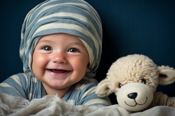 A young child is smiling and holding a stuffed animal