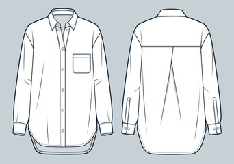 Unisex Shirt technical fashion Illustration. Classic Shirt fashion flat technical drawing template, button, oversize, pocket, front and back view, white, women, men, unisex CAD mockup.