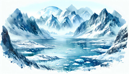 Fototapeta na wymiar Arctic Serenity: Watercolor Depiction of the Tranquil Beauty of the Arctic in Earth Day Greeting Cards & Wallpapers