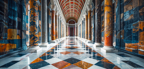 A long, narrow hallway with marble pillars and a marble floor