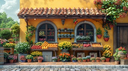 Fototapeta na wymiar Cartoon 3D village market scene, stalls with fruits, flowers, lively yellow background