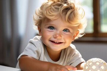 Fototapeta premium A baby with blue eyes is smiling and laying on a blanket