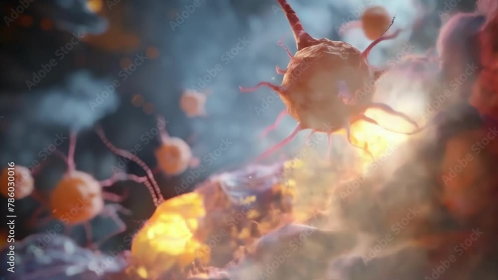 Poster closeup of a of tumor cells under attack by a group of powerful nanorobots destroying them from with
