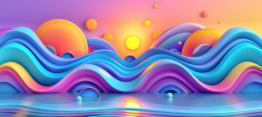 Soothing 3d abstract landscape with minimalist rolling hills under a tranquil pastel sunrise