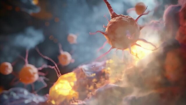 Closeup of a of tumor cells under attack by a group of powerful nanorobots destroying them from within.
