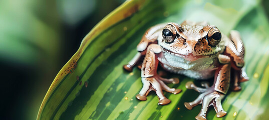 Amazonas frog on a green leaf. Generative ai design concept. - obrazy, fototapety, plakaty