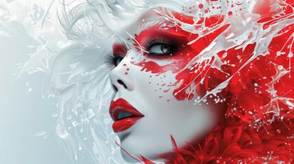 Portrait of  a drag queen with a red and white fantasy inspired look