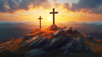 Crosses up on a hill at sunset. Generative ai design concept art. - obrazy, fototapety, plakaty