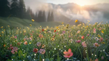 Fototapete Rund A picturesque mountain meadow bathed in the soft light of dawn, with dew-kissed grasses and wildflowers blooming amidst the tranquil serenity of nature, © Amer