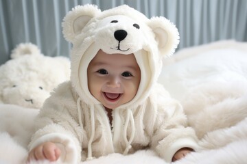 Obraz premium A baby wearing a bear costume is smiling and looking at the camera