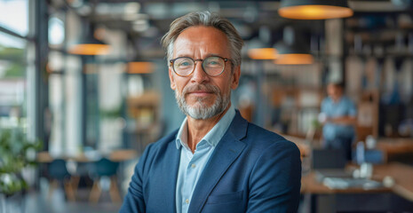 A man in a blue suit and glasses is posing for a picture in a restaurant