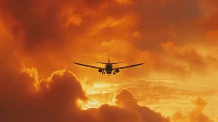 An airplane flying through the orange sky