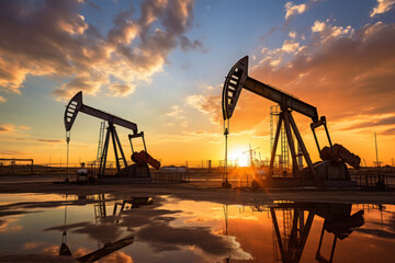Oil pumps. Oil industry equipment. Work of oil pump jack on a oil field at sunset or sunrise.
