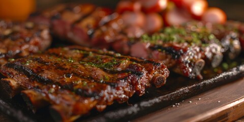 Close-up photo showcasing grilled BBQ ribs with a shiny glaze and fresh herbs sprinkled on top - obrazy, fototapety, plakaty