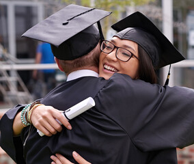 Success, graduate and hug with diploma for education, qualification or degree on graduation day....