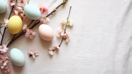 Fototapeta na wymiar Easter eggs in pastel color and branch decoration. Generative ai design concept art.