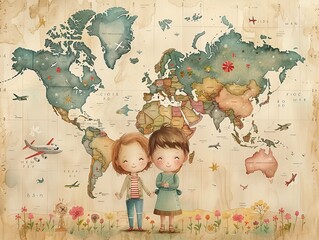 Cartoon kids with planes on a world map, travel dream, soft beige background - obrazy, fototapety, plakaty