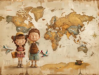 Cartoon kids with planes on a world map, travel dream, soft beige background - obrazy, fototapety, plakaty