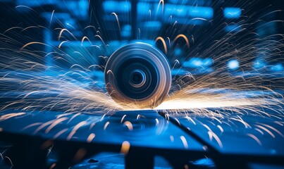 A closeup of an aluminum spool turning on the lathe, with sparks flying around it in blue and white tones. The background is dark and blurred, creating depth.