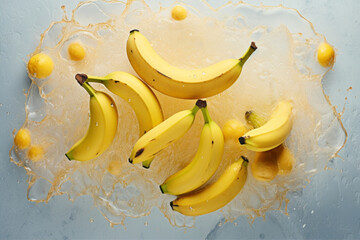 Bunch of bananas in water with splashes on color background, top view