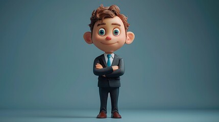 3D cartoon negotiator in a suit, dealmaking scene, sophisticated grey background