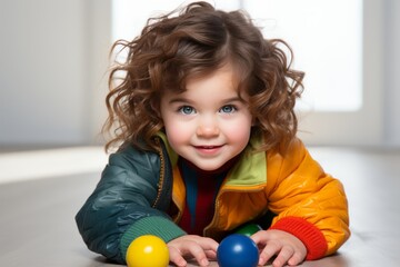 Fototapeta na wymiar A young girl is laying on the floor with a colorful jacket on