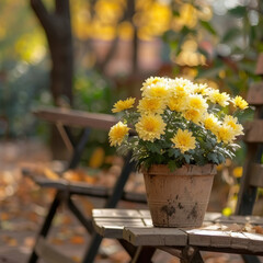 Selective focus yellow chrysanthemum plant in a pot next to a chair in a public garden. 