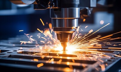 A closeup of an aluminum spool turning on the lathe, with sparks flying around it in blue and white tones. The background is dark and blurred, creating depth.