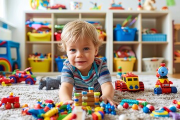 A young child is playing with a variety of toys, including a train and a car