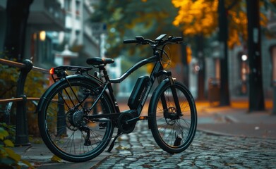 Fototapeta na wymiar Electric bike parked in an urban environment, equipped with a digital display showing speed and battery status, representing the fusion of fitness and technology.