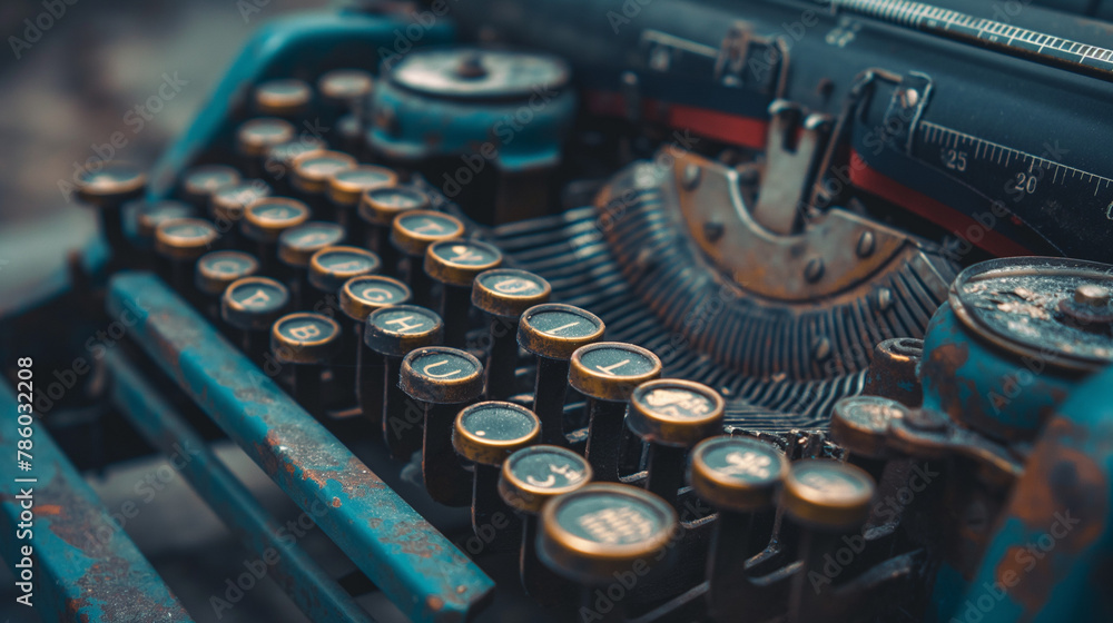 Poster text written on an old typewriter. it is a partly blurred close-up of a resume of a civil engineer w