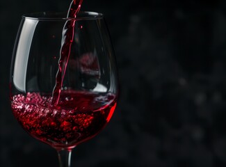 Red wine being poured into a glass, a macro shot on a black background. A closeup of red wine in the glass with a splash and bubbles, focused on the texture and color. High resolution photography