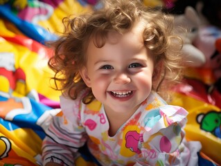 A young girl with curly hair is smiling and wearing a colorful dress